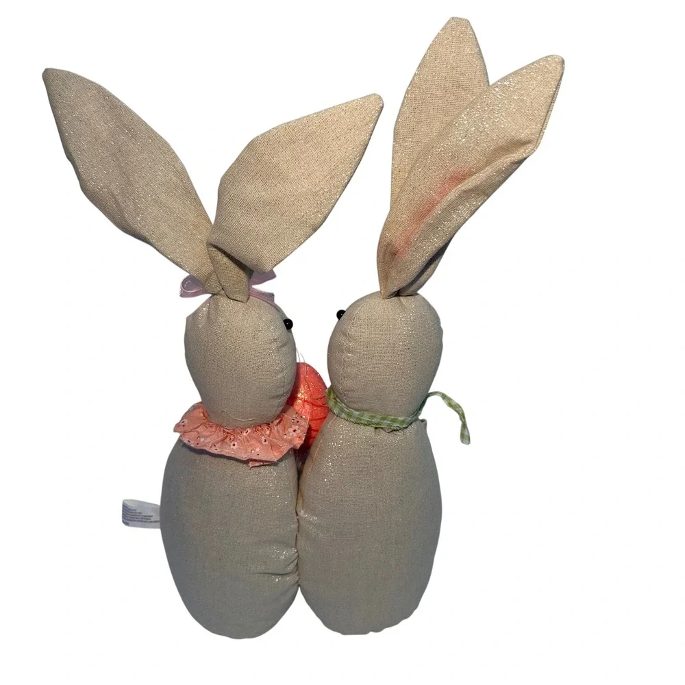 Easter Bunny Couple Figurine Shimmer Fabric Rabbits Pink Egg Spring Decor 17.5in